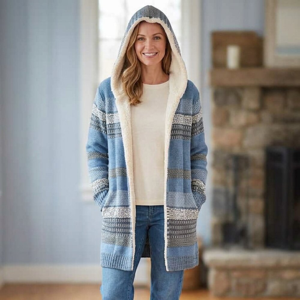 LETY & ME Blue Grey Striped Hooded Sherpa Trimmed Sweater Cardigan Size L NEW